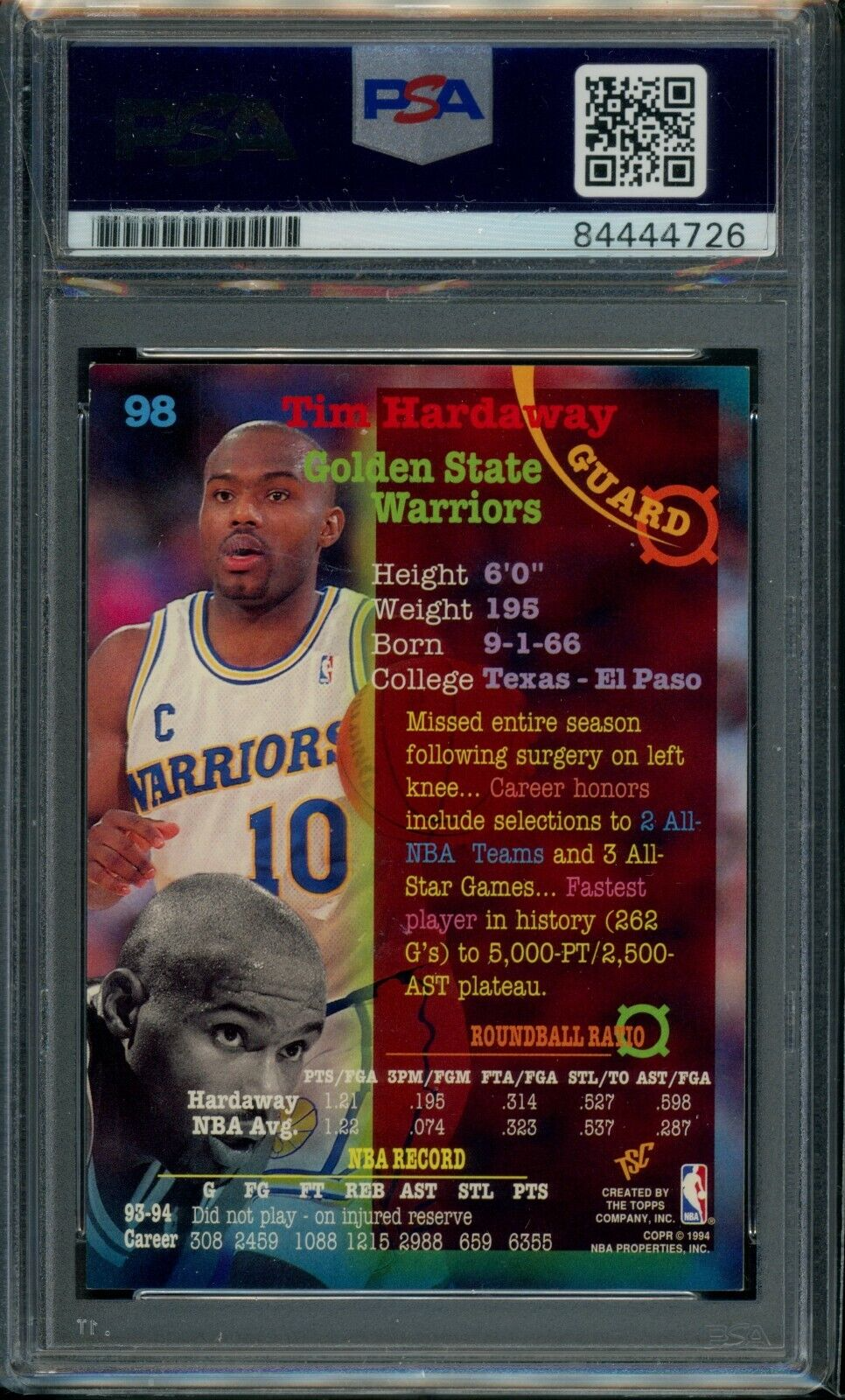 1994-95 Topps Stadium Club Autograph Tim Hardaway Graded PSA DNA Certified