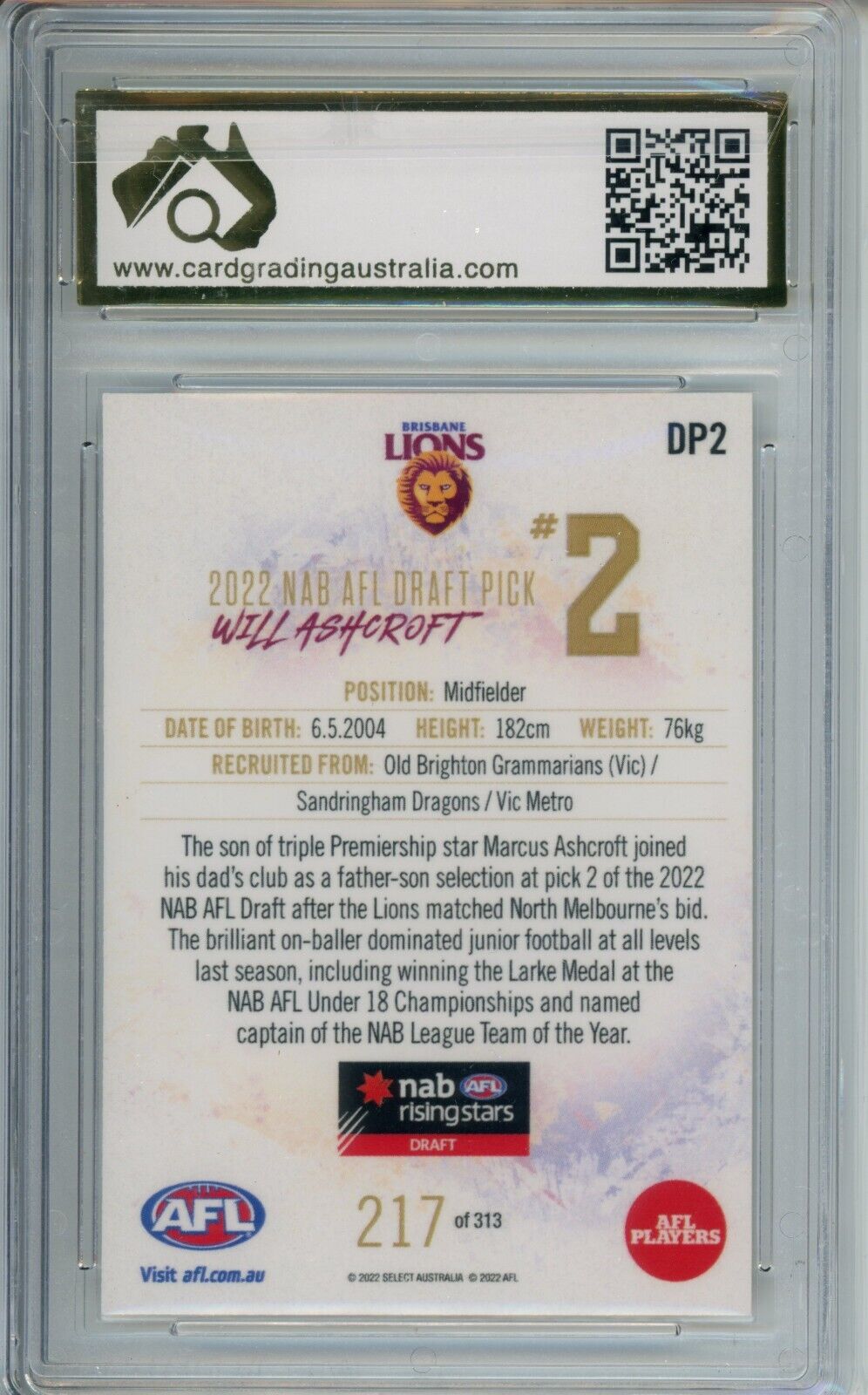 2022 Select AFL Rising Stars DRAFT PICK ROOKIE Will Ashcroft Graded CGA 9