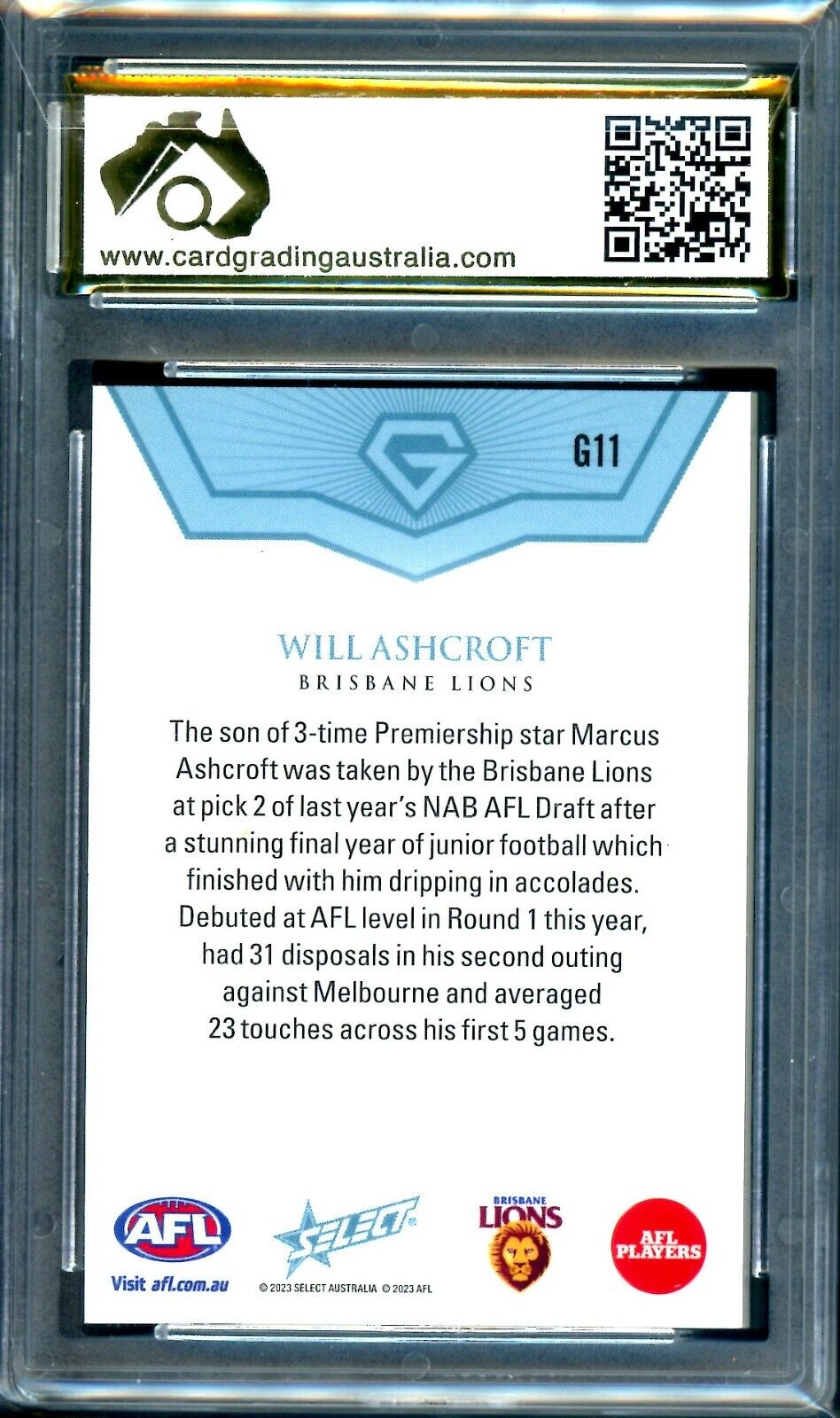 2023 Select Gem AFL Will Ashcroft ROOKIE CARD Graded CGA 9 Brisbane