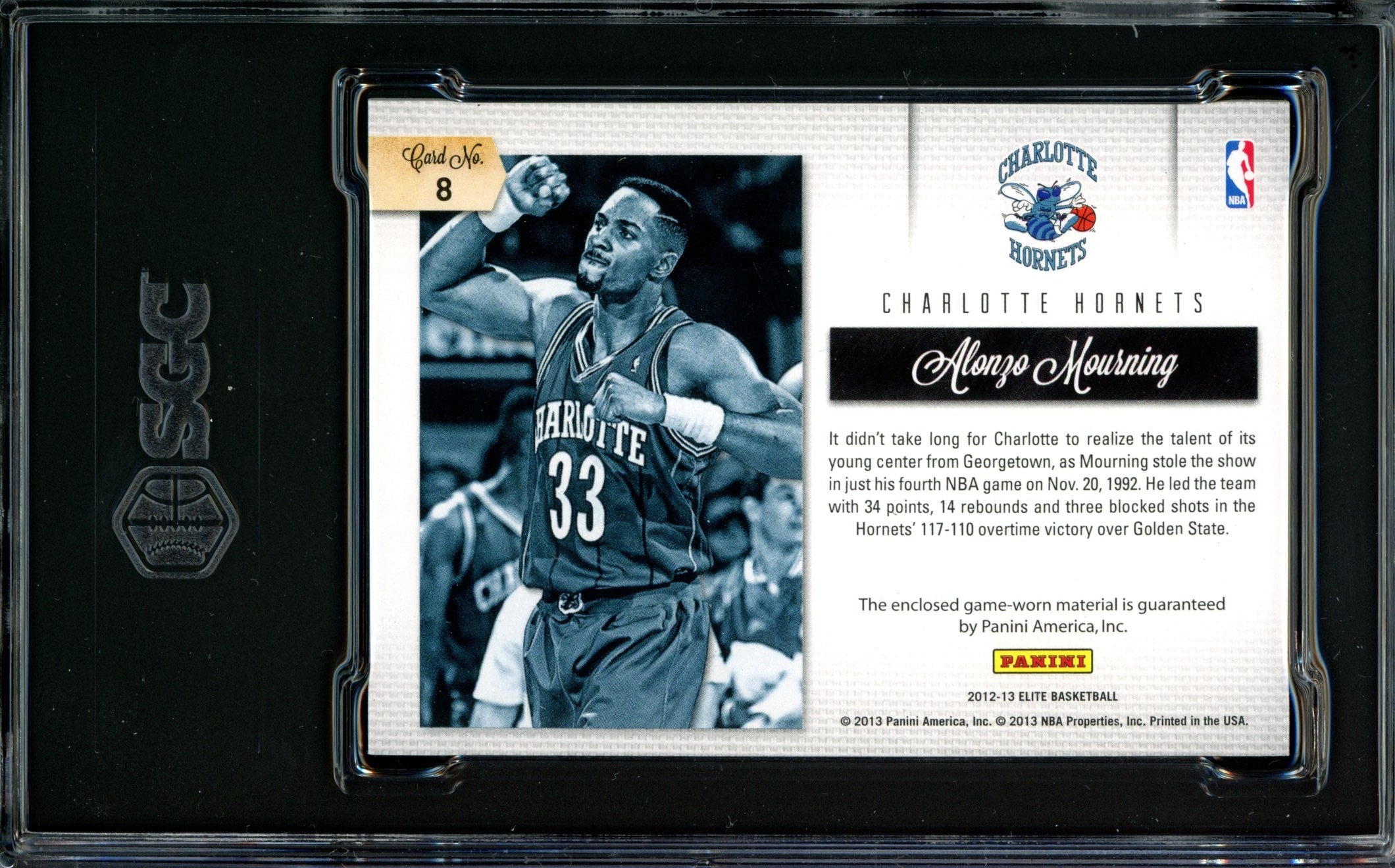 Share 2012-13 Panini Elite THROWBACK THREADS GAME WORN Alonzo Mourning Graded SGC 9.5