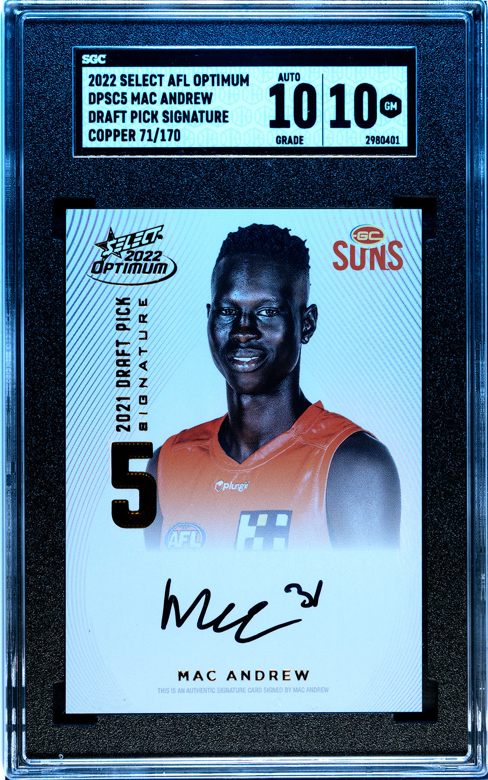 2022 Select AFL Optimum Mac Andrew Draft Pick Signature Graded SGC 10